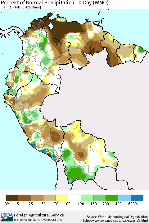 Northern South America Percent of Normal Precipitation 10-Day (WMO) Thematic Map For 1/26/2022 - 2/5/2022