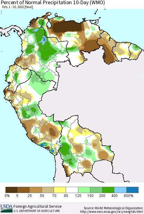 Northern South America Percent of Normal Precipitation 10-Day (WMO) Thematic Map For 2/1/2022 - 2/10/2022