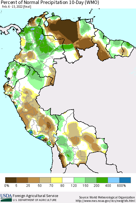 Northern South America Percent of Normal Precipitation 10-Day (WMO) Thematic Map For 2/6/2022 - 2/15/2022