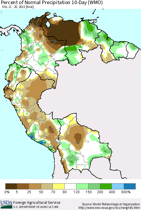 Northern South America Percent of Normal Precipitation 10-Day (WMO) Thematic Map For 2/11/2022 - 2/20/2022