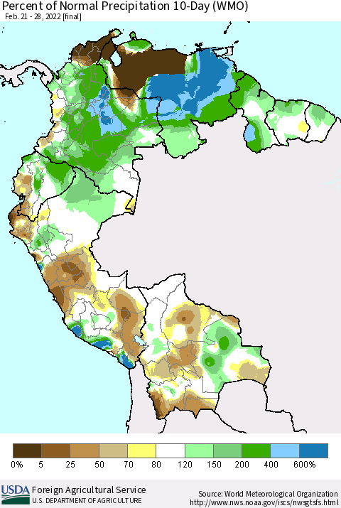Northern South America Percent of Normal Precipitation 10-Day (WMO) Thematic Map For 2/21/2022 - 2/28/2022