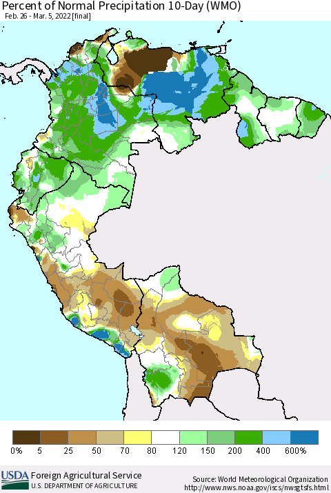 Northern South America Percent of Normal Precipitation 10-Day (WMO) Thematic Map For 2/26/2022 - 3/5/2022