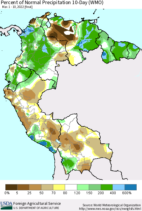 Northern South America Percent of Normal Precipitation 10-Day (WMO) Thematic Map For 3/1/2022 - 3/10/2022