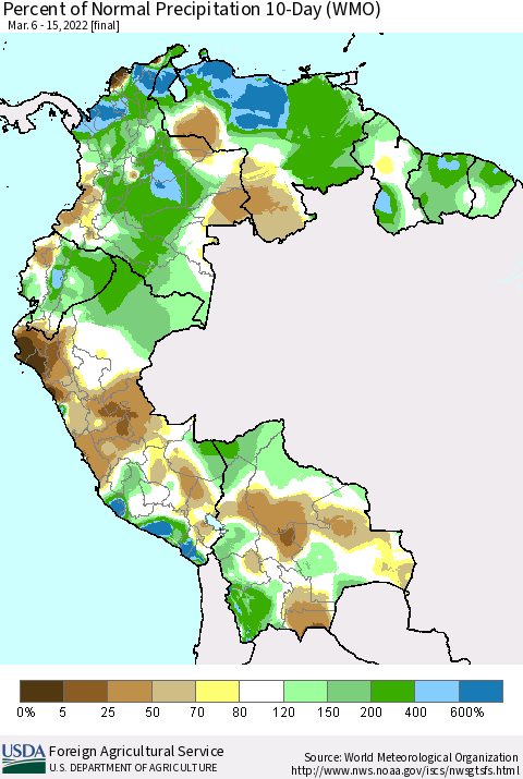 Northern South America Percent of Normal Precipitation 10-Day (WMO) Thematic Map For 3/6/2022 - 3/15/2022