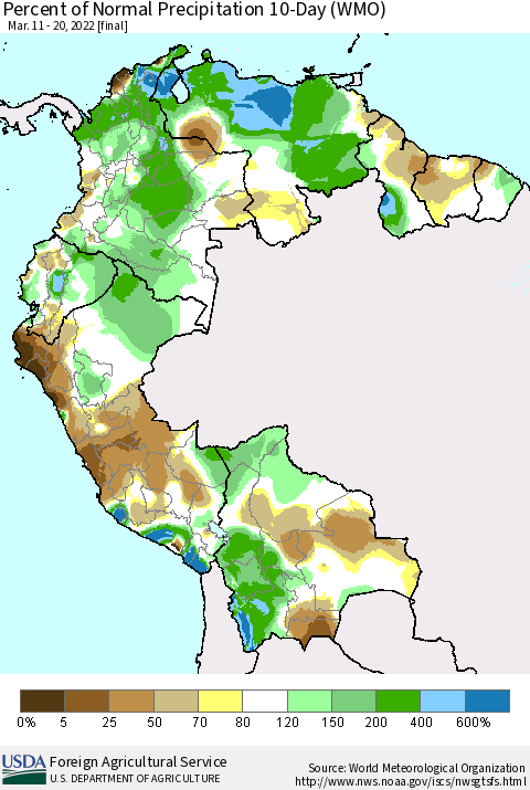 Northern South America Percent of Normal Precipitation 10-Day (WMO) Thematic Map For 3/11/2022 - 3/20/2022