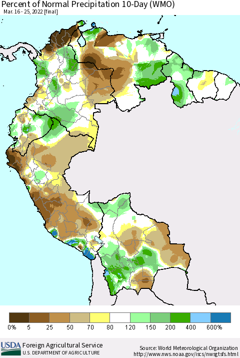 Northern South America Percent of Normal Precipitation 10-Day (WMO) Thematic Map For 3/16/2022 - 3/25/2022