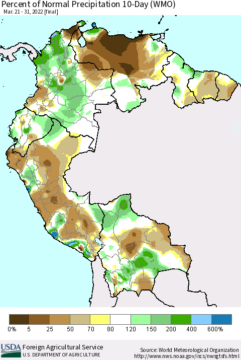 Northern South America Percent of Normal Precipitation 10-Day (WMO) Thematic Map For 3/21/2022 - 3/31/2022