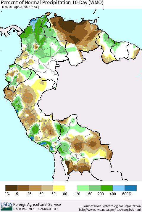 Northern South America Percent of Normal Precipitation 10-Day (WMO) Thematic Map For 3/26/2022 - 4/5/2022