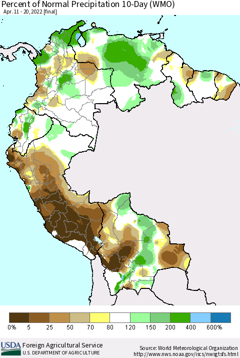 Northern South America Percent of Normal Precipitation 10-Day (WMO) Thematic Map For 4/11/2022 - 4/20/2022