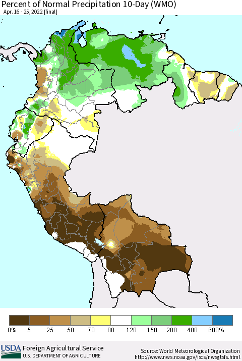 Northern South America Percent of Normal Precipitation 10-Day (WMO) Thematic Map For 4/16/2022 - 4/25/2022