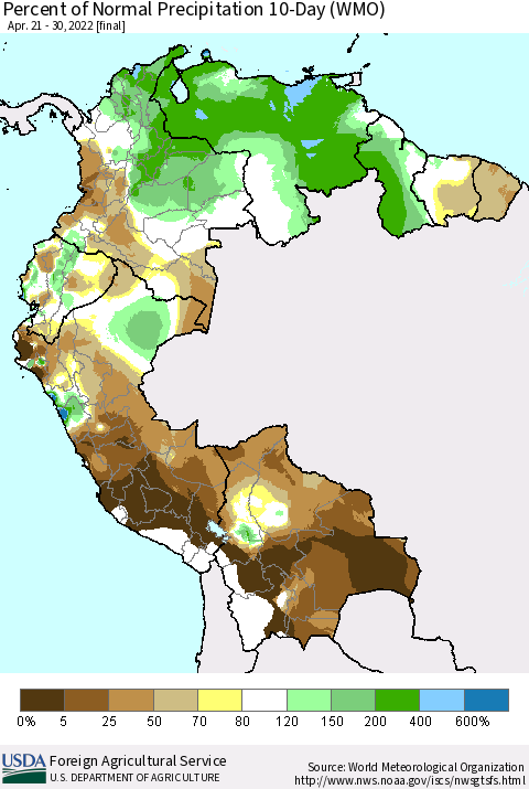 Northern South America Percent of Normal Precipitation 10-Day (WMO) Thematic Map For 4/21/2022 - 4/30/2022