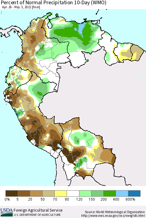 Northern South America Percent of Normal Precipitation 10-Day (WMO) Thematic Map For 4/26/2022 - 5/5/2022
