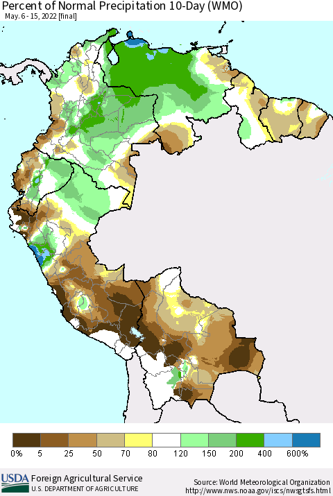 Northern South America Percent of Normal Precipitation 10-Day (WMO) Thematic Map For 5/6/2022 - 5/15/2022