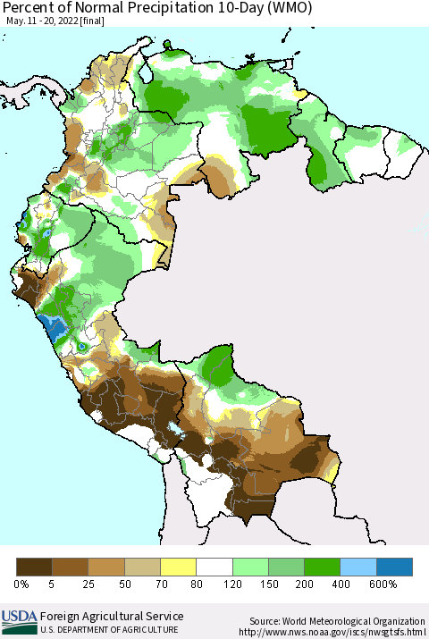 Northern South America Percent of Normal Precipitation 10-Day (WMO) Thematic Map For 5/11/2022 - 5/20/2022