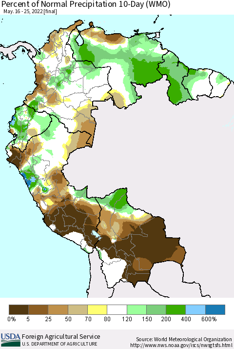Northern South America Percent of Normal Precipitation 10-Day (WMO) Thematic Map For 5/16/2022 - 5/25/2022