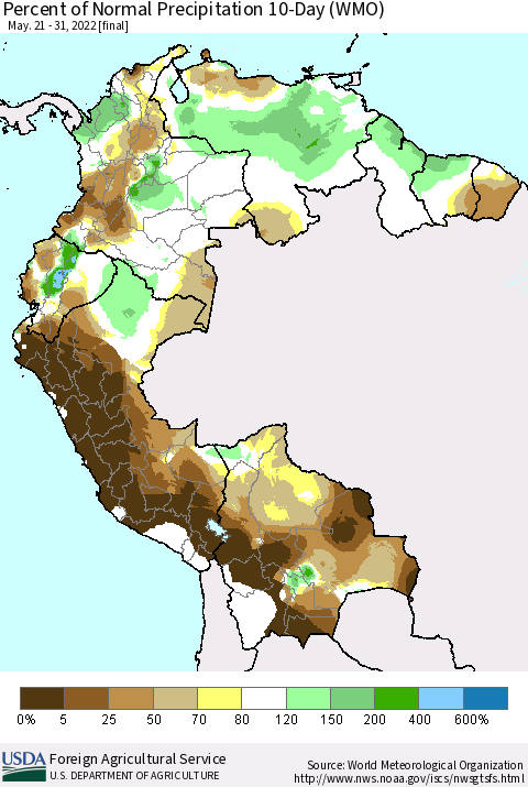 Northern South America Percent of Normal Precipitation 10-Day (WMO) Thematic Map For 5/21/2022 - 5/31/2022