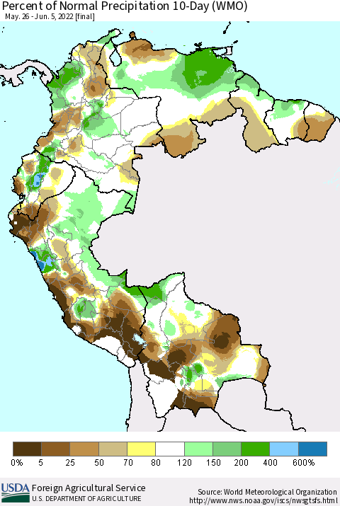 Northern South America Percent of Normal Precipitation 10-Day (WMO) Thematic Map For 5/26/2022 - 6/5/2022