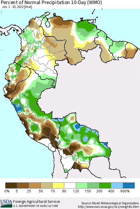 Northern South America Percent of Normal Precipitation 10-Day (WMO) Thematic Map For 6/1/2022 - 6/10/2022