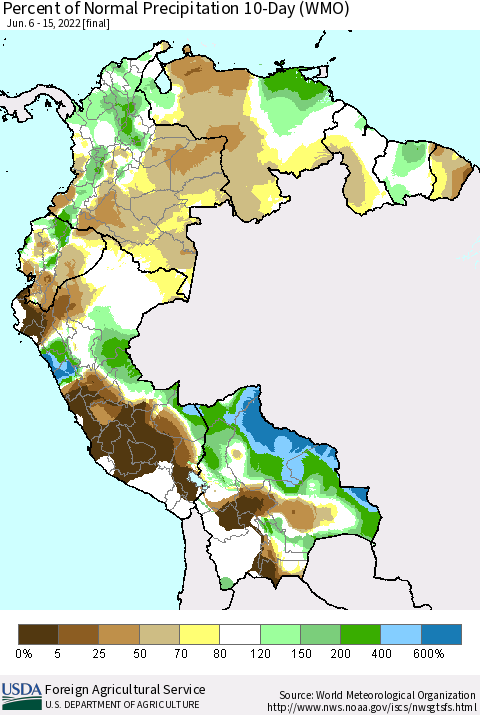 Northern South America Percent of Normal Precipitation 10-Day (WMO) Thematic Map For 6/6/2022 - 6/15/2022