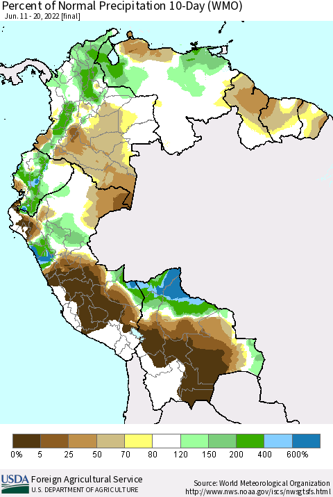 Northern South America Percent of Normal Precipitation 10-Day (WMO) Thematic Map For 6/11/2022 - 6/20/2022
