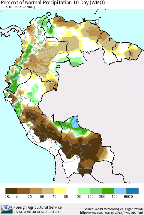 Northern South America Percent of Normal Precipitation 10-Day (WMO) Thematic Map For 6/16/2022 - 6/25/2022