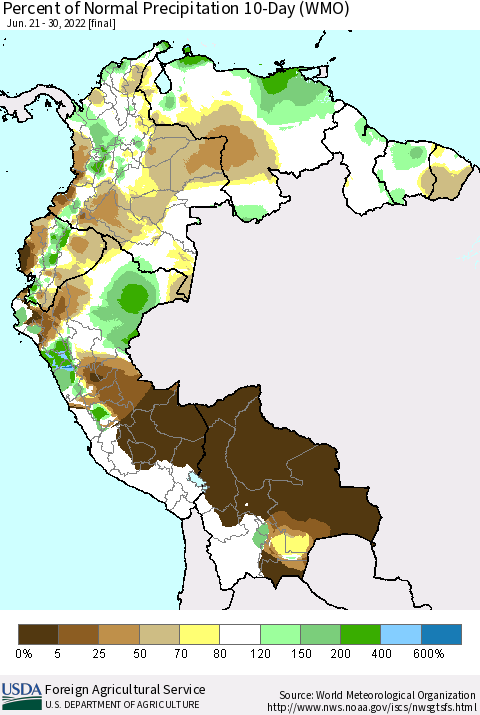 Northern South America Percent of Normal Precipitation 10-Day (WMO) Thematic Map For 6/21/2022 - 6/30/2022