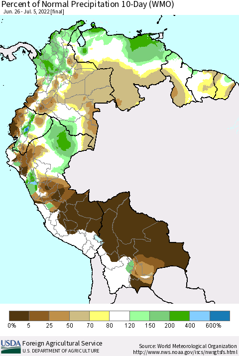 Northern South America Percent of Normal Precipitation 10-Day (WMO) Thematic Map For 6/26/2022 - 7/5/2022