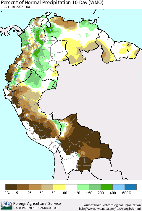 Northern South America Percent of Normal Precipitation 10-Day (WMO) Thematic Map For 7/1/2022 - 7/10/2022