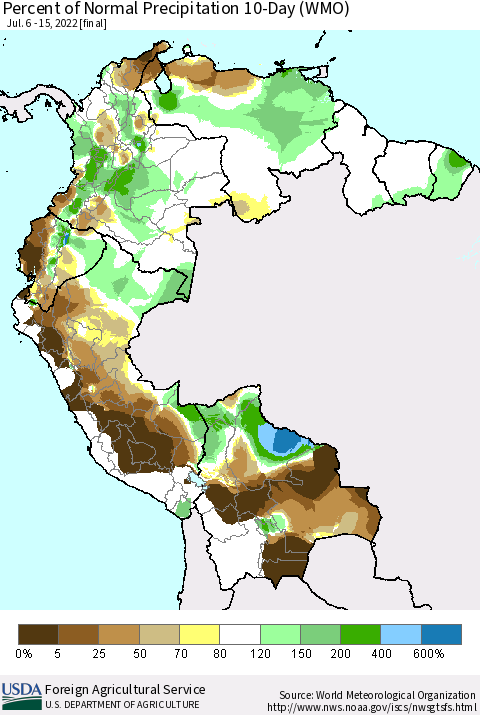 Northern South America Percent of Normal Precipitation 10-Day (WMO) Thematic Map For 7/6/2022 - 7/15/2022