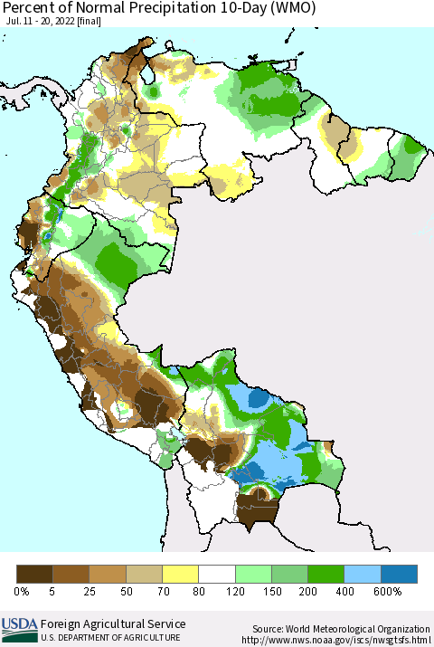 Northern South America Percent of Normal Precipitation 10-Day (WMO) Thematic Map For 7/11/2022 - 7/20/2022
