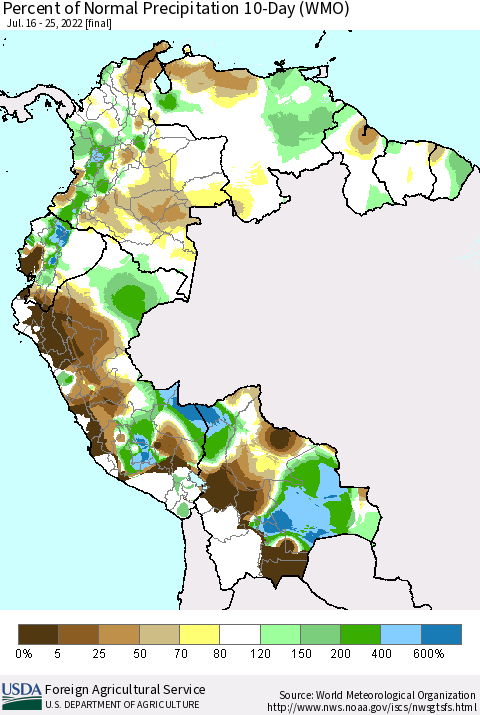 Northern South America Percent of Normal Precipitation 10-Day (WMO) Thematic Map For 7/16/2022 - 7/25/2022