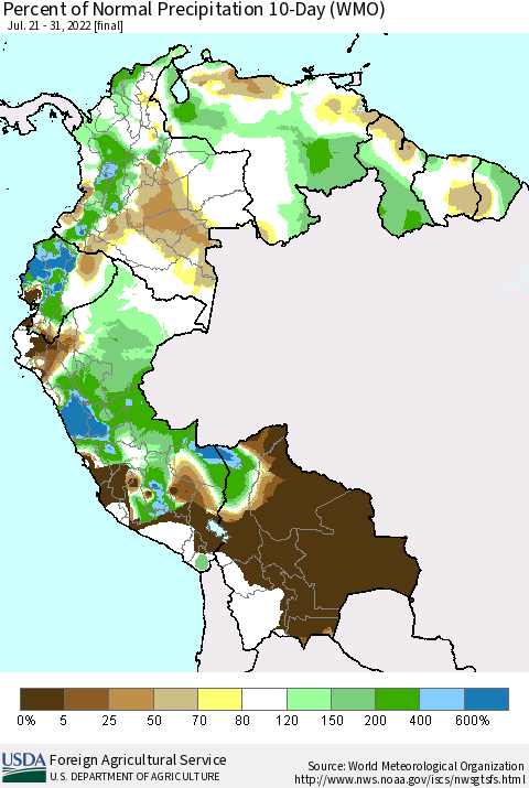 Northern South America Percent of Normal Precipitation 10-Day (WMO) Thematic Map For 7/21/2022 - 7/31/2022