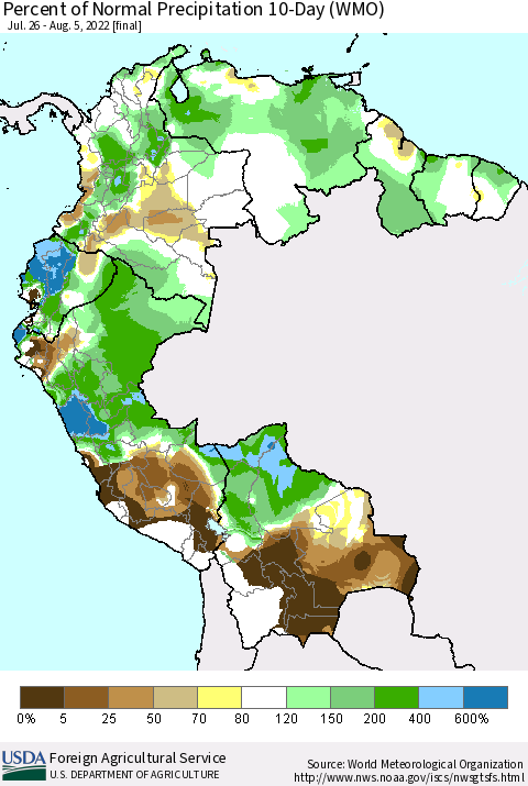 Northern South America Percent of Normal Precipitation 10-Day (WMO) Thematic Map For 7/26/2022 - 8/5/2022