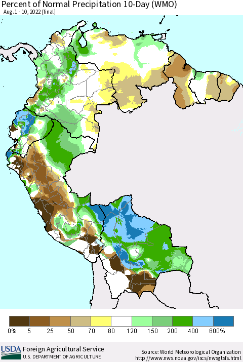 Northern South America Percent of Normal Precipitation 10-Day (WMO) Thematic Map For 8/1/2022 - 8/10/2022