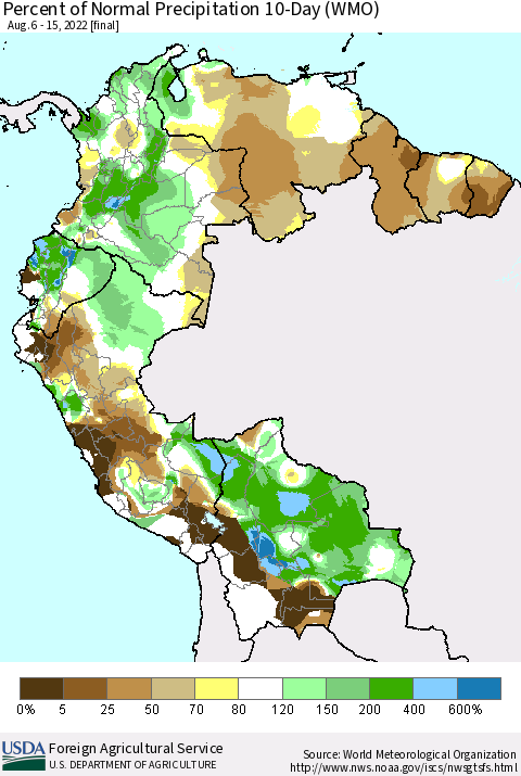 Northern South America Percent of Normal Precipitation 10-Day (WMO) Thematic Map For 8/6/2022 - 8/15/2022