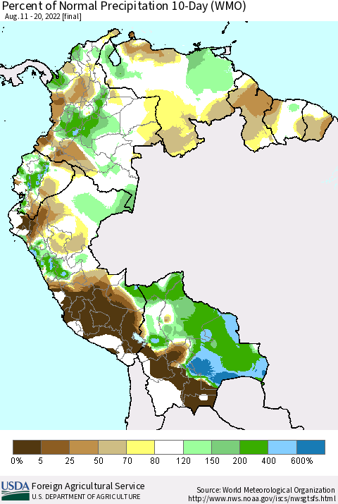 Northern South America Percent of Normal Precipitation 10-Day (WMO) Thematic Map For 8/11/2022 - 8/20/2022