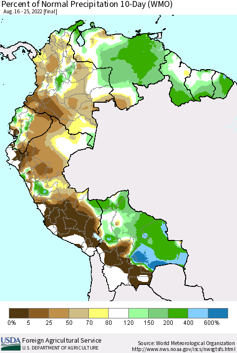 Northern South America Percent of Normal Precipitation 10-Day (WMO) Thematic Map For 8/16/2022 - 8/25/2022