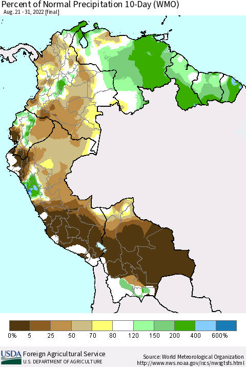 Northern South America Percent of Normal Precipitation 10-Day (WMO) Thematic Map For 8/21/2022 - 8/31/2022