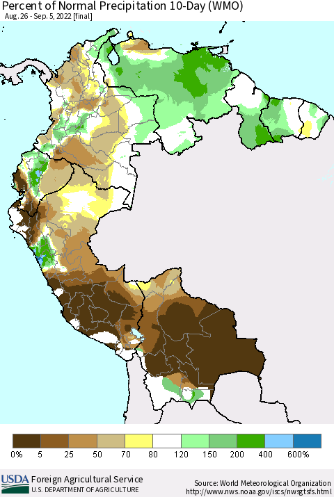 Northern South America Percent of Normal Precipitation 10-Day (WMO) Thematic Map For 8/26/2022 - 9/5/2022