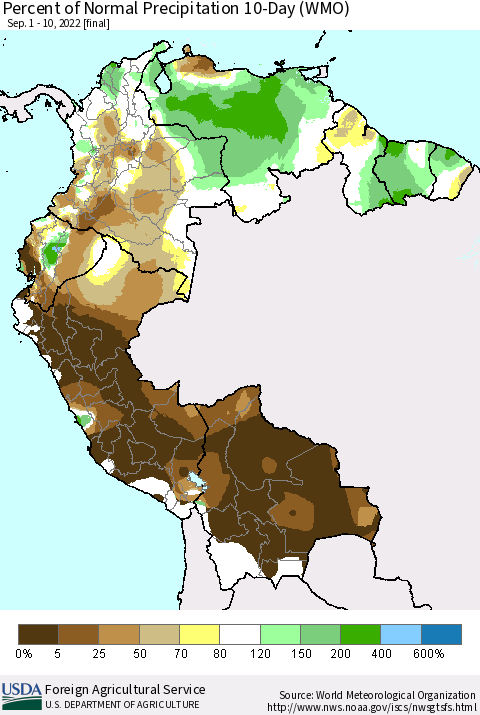 Northern South America Percent of Normal Precipitation 10-Day (WMO) Thematic Map For 9/1/2022 - 9/10/2022