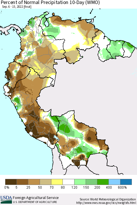 Northern South America Percent of Normal Precipitation 10-Day (WMO) Thematic Map For 9/6/2022 - 9/15/2022