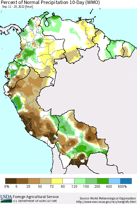 Northern South America Percent of Normal Precipitation 10-Day (WMO) Thematic Map For 9/11/2022 - 9/20/2022