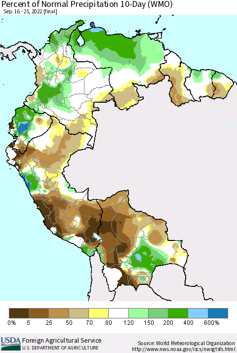 Northern South America Percent of Normal Precipitation 10-Day (WMO) Thematic Map For 9/16/2022 - 9/25/2022