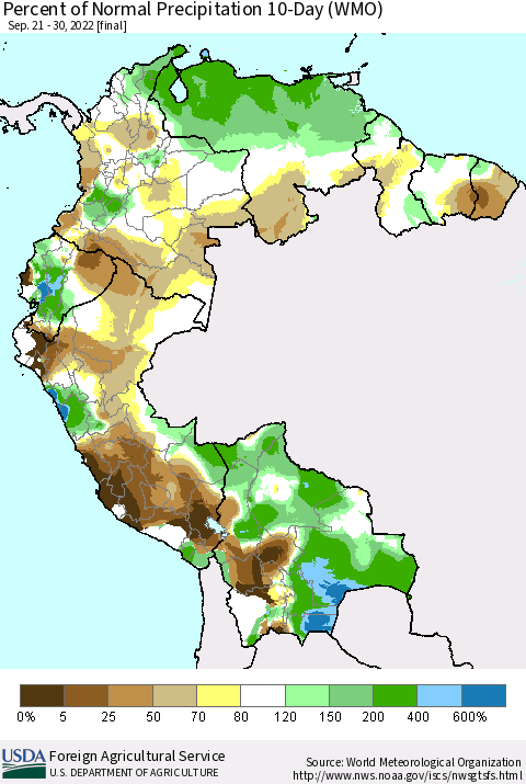 Northern South America Percent of Normal Precipitation 10-Day (WMO) Thematic Map For 9/21/2022 - 9/30/2022