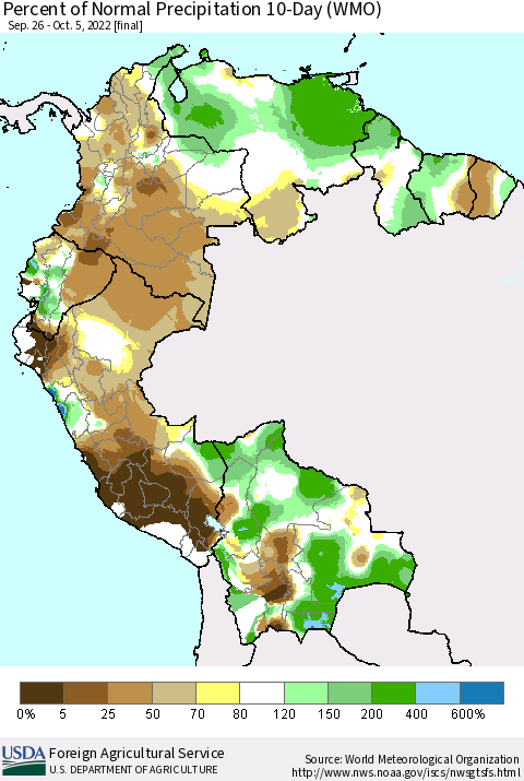 Northern South America Percent of Normal Precipitation 10-Day (WMO) Thematic Map For 9/26/2022 - 10/5/2022