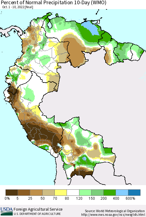 Northern South America Percent of Normal Precipitation 10-Day (WMO) Thematic Map For 10/1/2022 - 10/10/2022