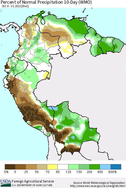 Northern South America Percent of Normal Precipitation 10-Day (WMO) Thematic Map For 10/6/2022 - 10/15/2022