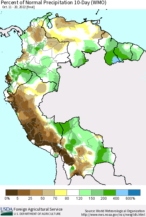 Northern South America Percent of Normal Precipitation 10-Day (WMO) Thematic Map For 10/11/2022 - 10/20/2022