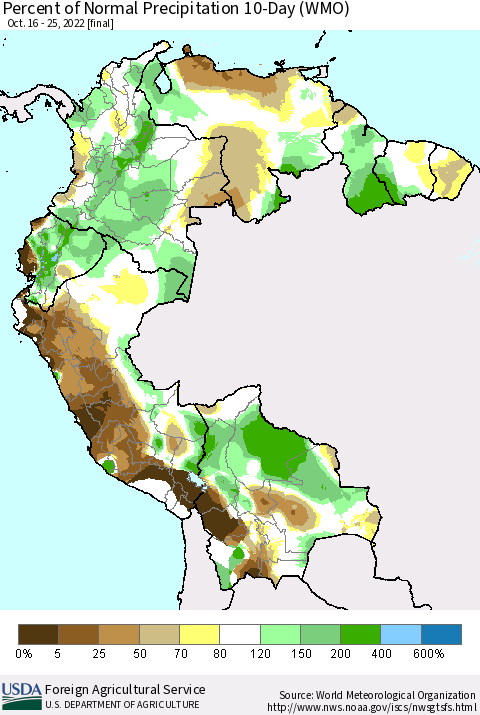 Northern South America Percent of Normal Precipitation 10-Day (WMO) Thematic Map For 10/16/2022 - 10/25/2022