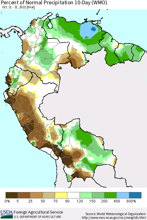Northern South America Percent of Normal Precipitation 10-Day (WMO) Thematic Map For 10/21/2022 - 10/31/2022